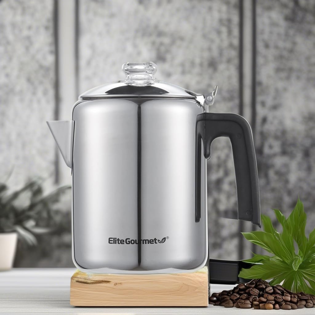 Elite Gourmet Ec008 Classic Stovetop Coffee Percolator, Glass Clear Brew Progress Knob, Cool-Touch Handle, Cordless Serve, 8-Cup, Stainless Steel