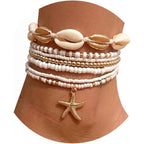 Qceasiy Bead Ankle Bracelets Set For Women, Adjustable Gold Plated Boho Shell Anklet, Hawaiian Beach Seashell Pearl Disc Starfish Conch Foot Jewelry, Summer Fashion Gifts