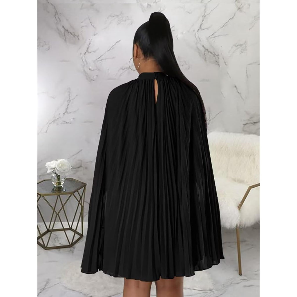 Women’S Casual Cape Sleeve Pleated Split Short Dress Loose Fit Cocktail Party Flowy Dress