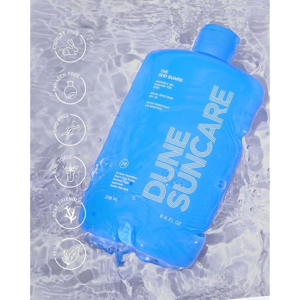 Dune The Bod Guard Invisible Gel Body Sunscreen Spf 30, Broad Spectrum Sun Block, Clear No White Cast Sunscreen, 72 Hour Hydration, Water Resistant, Reef Friendly, Non-Greasy Body Sunscreen, 8.4 Fl Oz