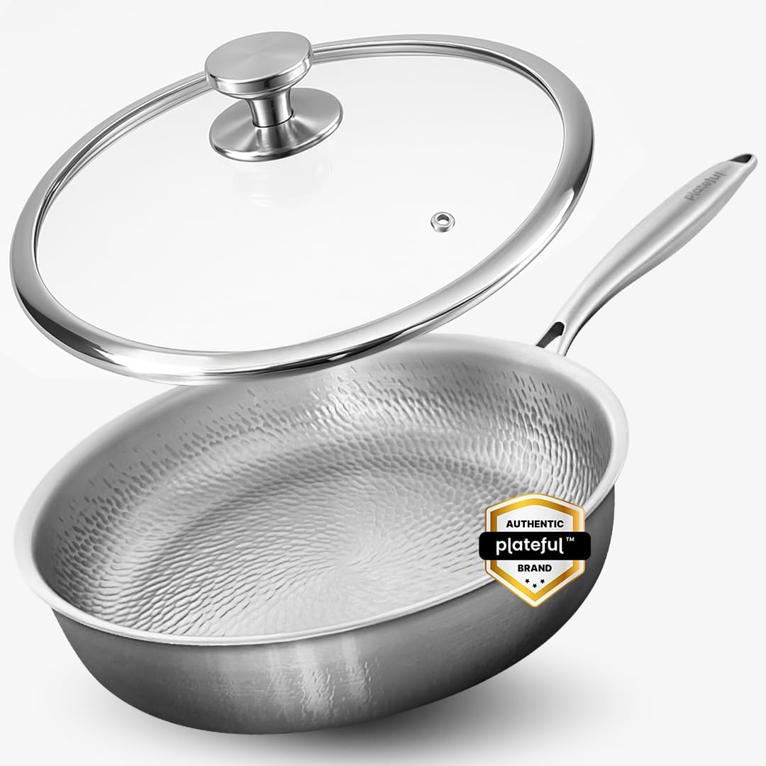 Plateful Titanium Pan For Cooking 11.5" - Pure, No Coating Non-Stick Titanium Cookware, Frying Pans, Hammered Pan, Safe For Oven, Induction & Cooktops Up To 750°F, Includes Lid