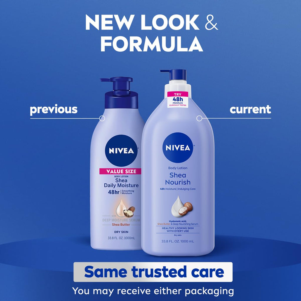 Nivea Shea Nourish Body Lotion For Dry Skin With Hyaluronic Acid, Shea Butter And Deep Nourishing Serum, 48-Hour Body Moisturizer, 33.8 Fl Oz Pump Bottle
