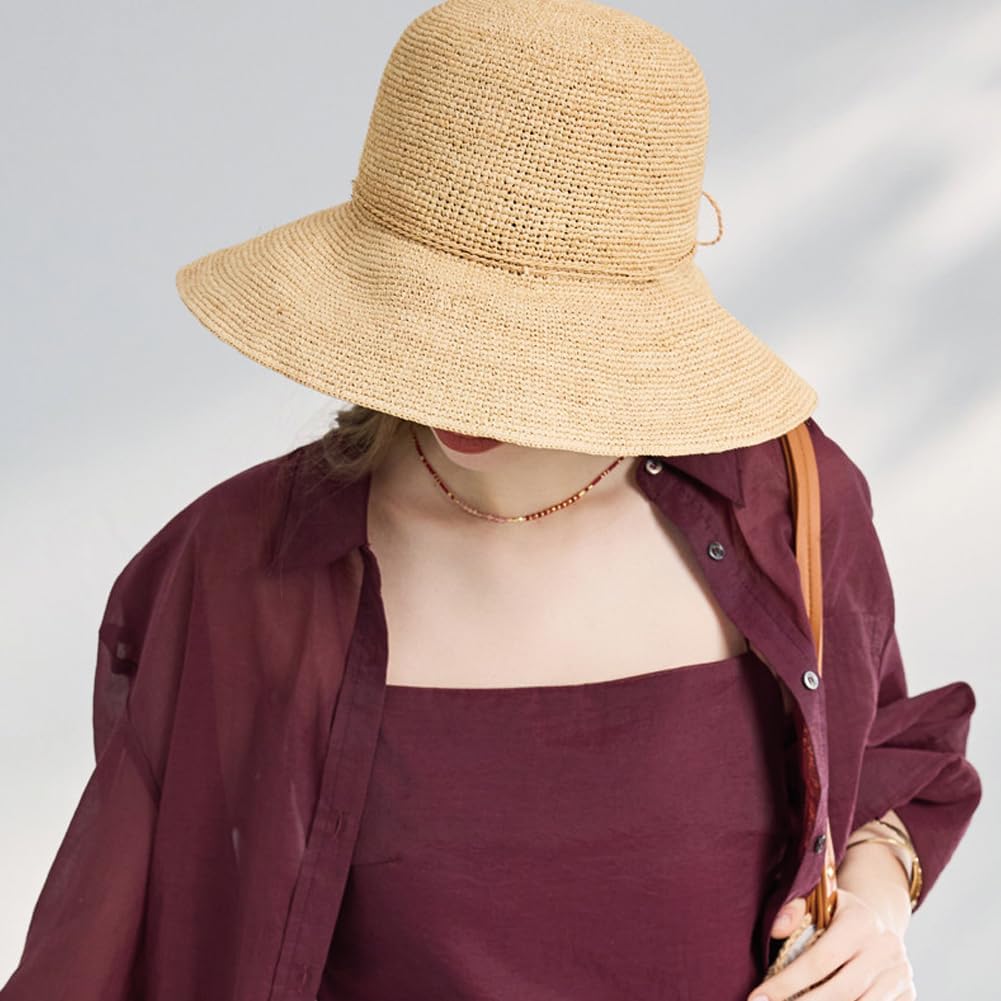 Koradi Women Raffia Beach Hat Natural Raffia Straw Bucket Hat Handwoven Foldable Sun Hats Wide Brim Summer Travel Cap