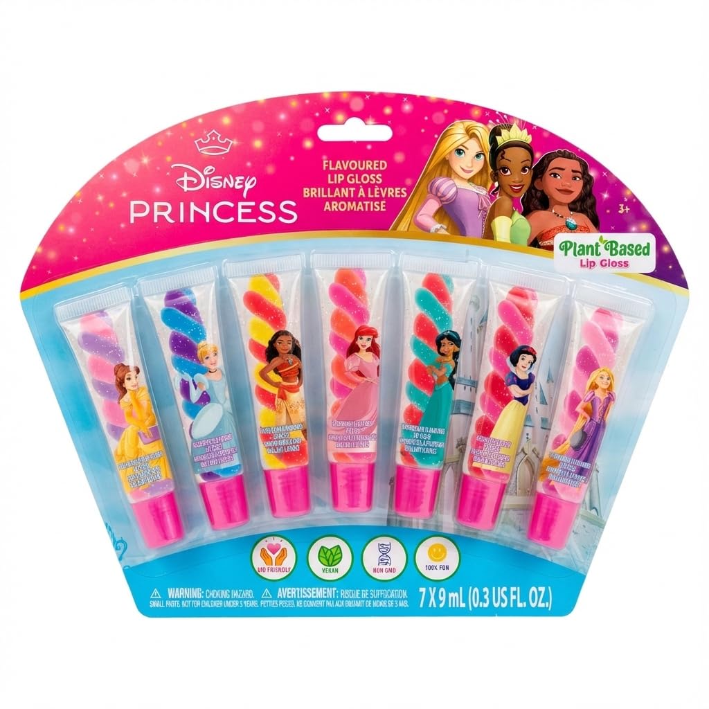 Townley Girl Disney Princess 7 Piece Swirl Lip Gloss, Girls Kids Party Favors, Lip Set for Girls, Perfect for Birthday Gifts, Plant Based, Ages 3