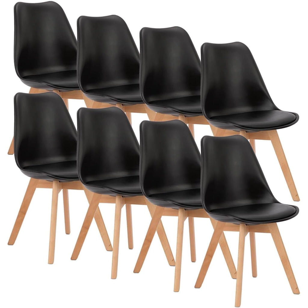 Olixis Dining Chairs Set Of 8 Kitchen Mid Century Modern Chairs With Wood Legs And Pu Leather Cushion, Upholstered Accent Chai For Living Room Bedroom Outdoor Lounge, Black