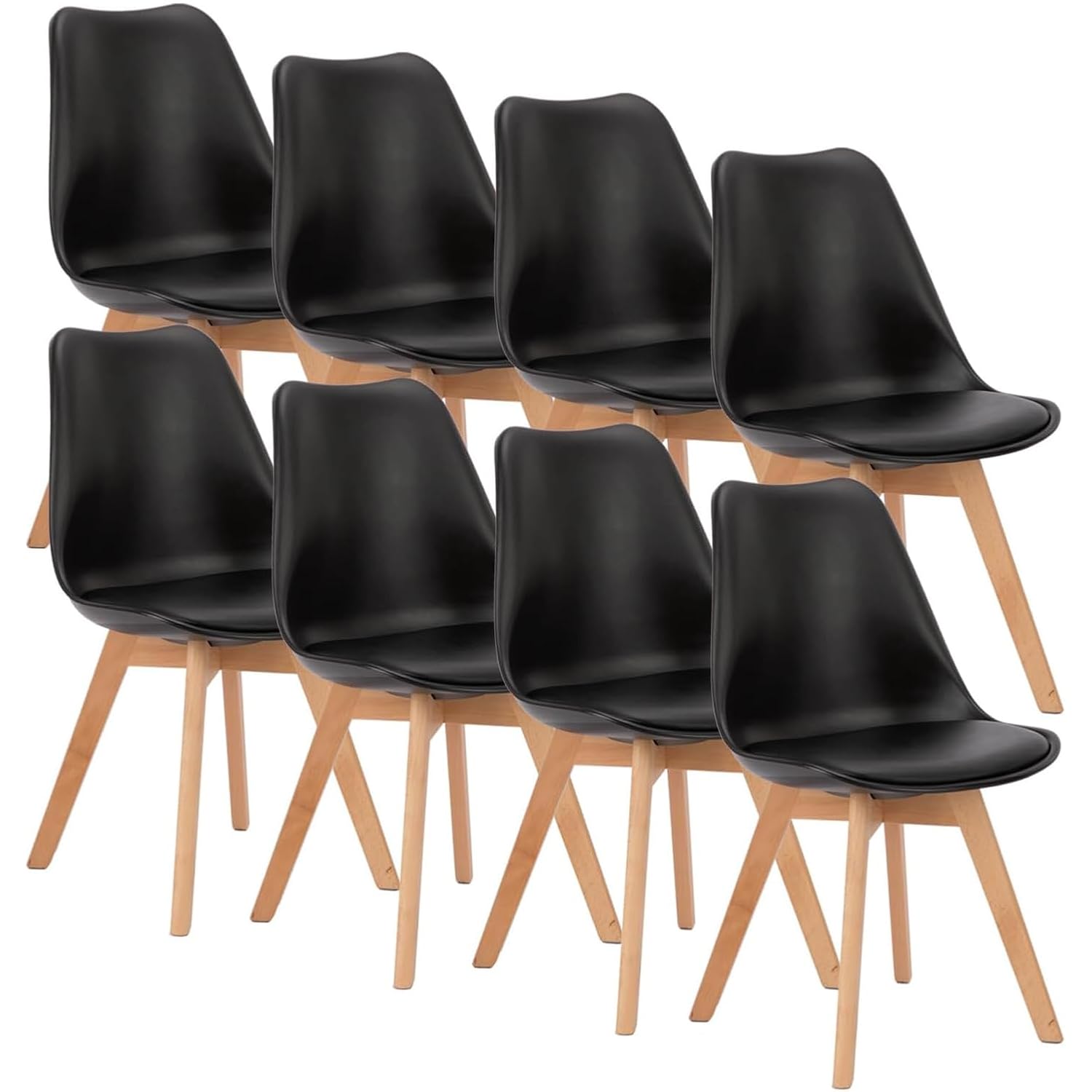 Olixis Dining Chairs Set Of 8 Kitchen Mid Century Modern Chairs With Wood Legs And Pu Leather Cushion, Upholstered Accent Chai For Living Room Bedroom Outdoor Lounge, Black