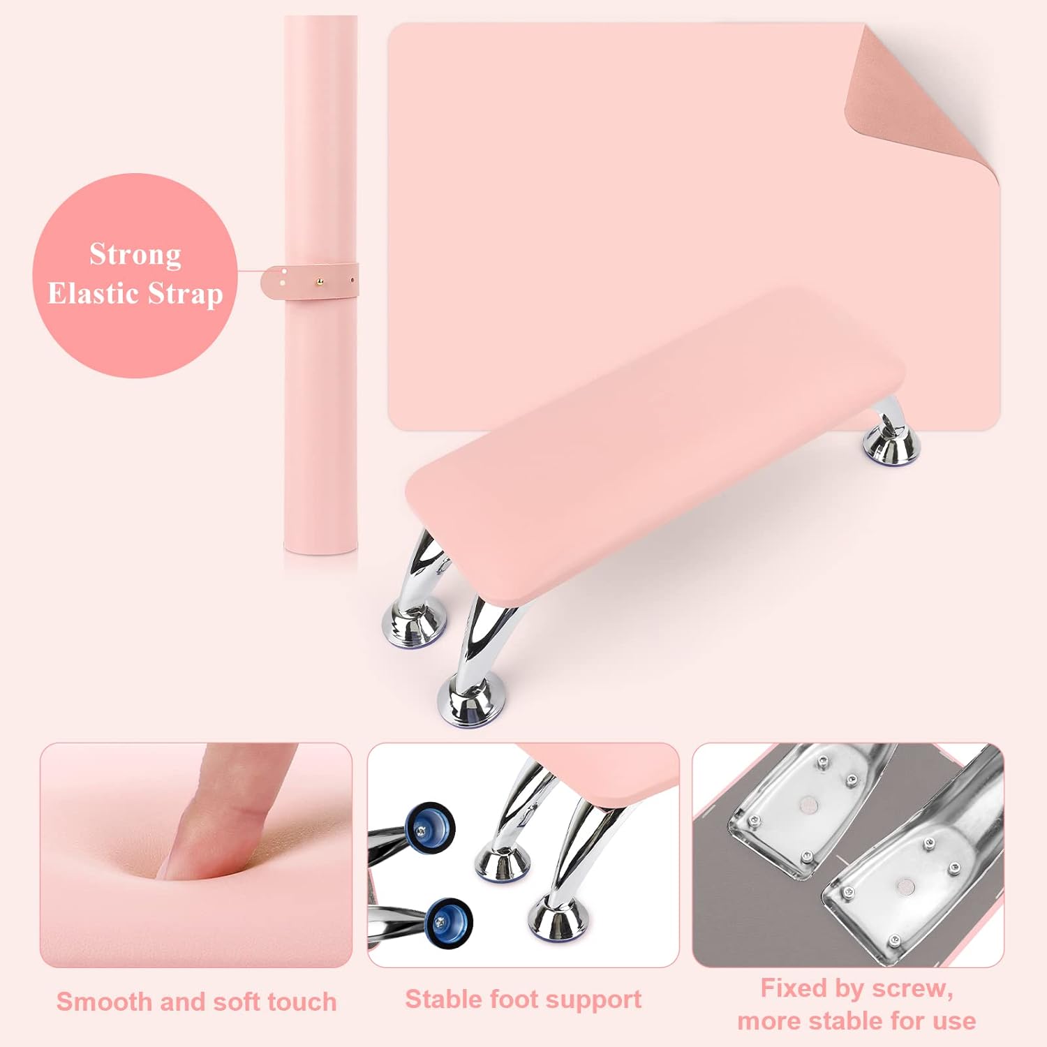 Nail Arm Rest for Acrylic Nails with Nail Table Mat, Microfiber Leather Nail Hand Rest Cushion for Nails, Soft Hand Pillow Footstool with Foldable Nail Art Hand Rest Pad for Nail Tech Use (Pink)