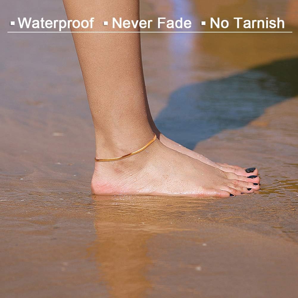Gold Anklets for Women Waterproof,18K Gold Plated Anklet for Women Snake Chain Link Dainty Ankle Bracelets Summer Beach Jewelry