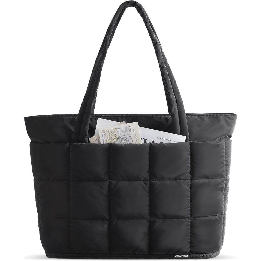 BAGSMART Expandable Tote Bag for Women, Puffer Work Tote Handbag, Quilted Carry On Bag for Travel Gym