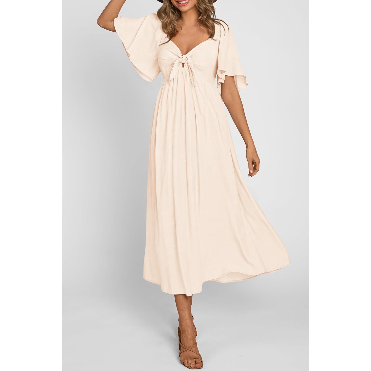 Prettygarden Summer Dress For Women 2026 Casual Short Sleeve Bow Tie V Neck Ruffle Midi Flowy Dresses