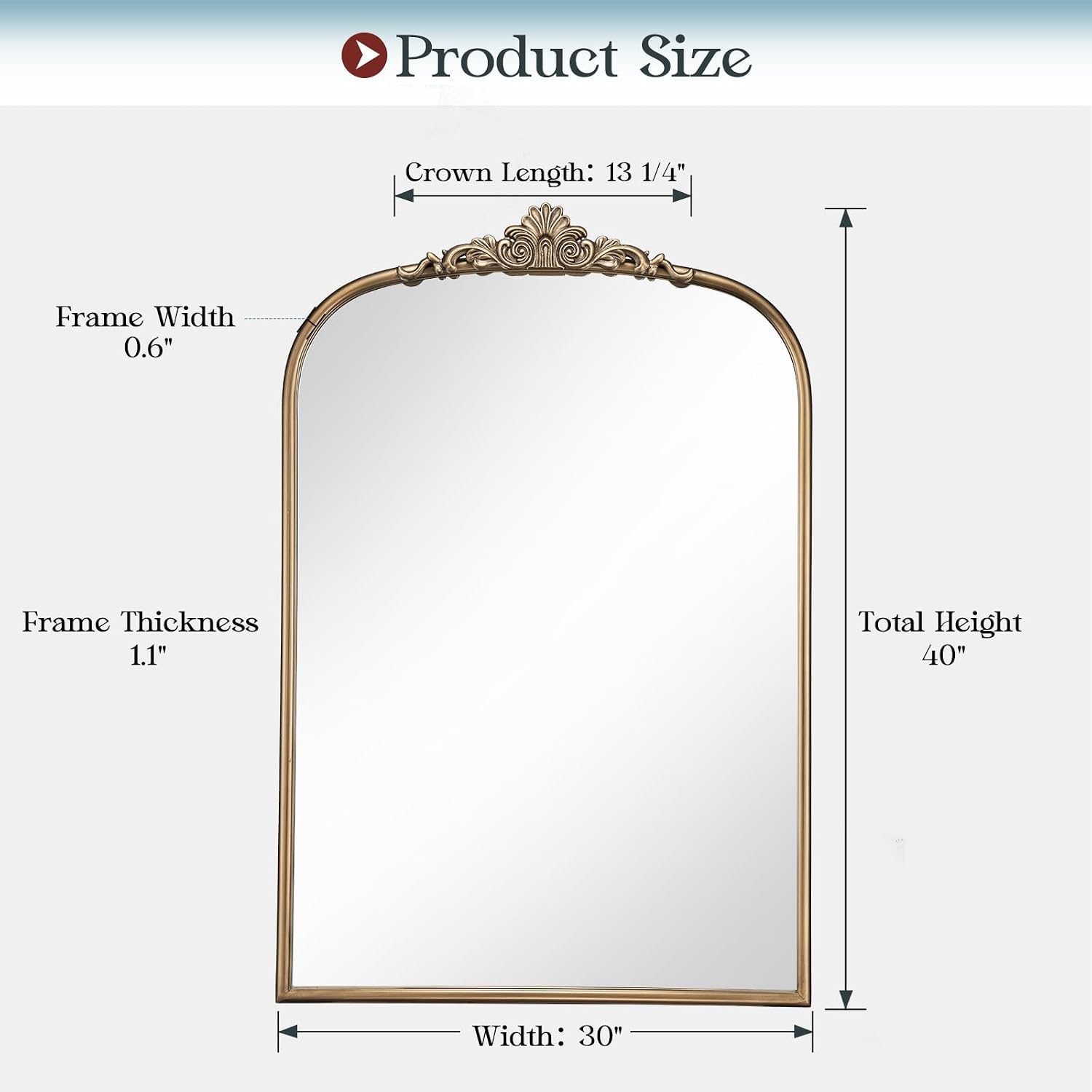 30" X 40" Antique Gold Mirror, Vintage Gold Arched Mirror With Tempered Glass, Brass Bronze Ornate Bathroom Vanity Wall Mirror For Entryway, Mantel, Powder Room