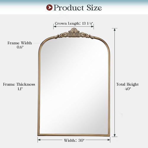 30" X 40" Antique Gold Mirror, Vintage Gold Arched Mirror With Tempered Glass, Brass Bronze Ornate Bathroom Vanity Wall Mirror For Entryway, Mantel, Powder Room