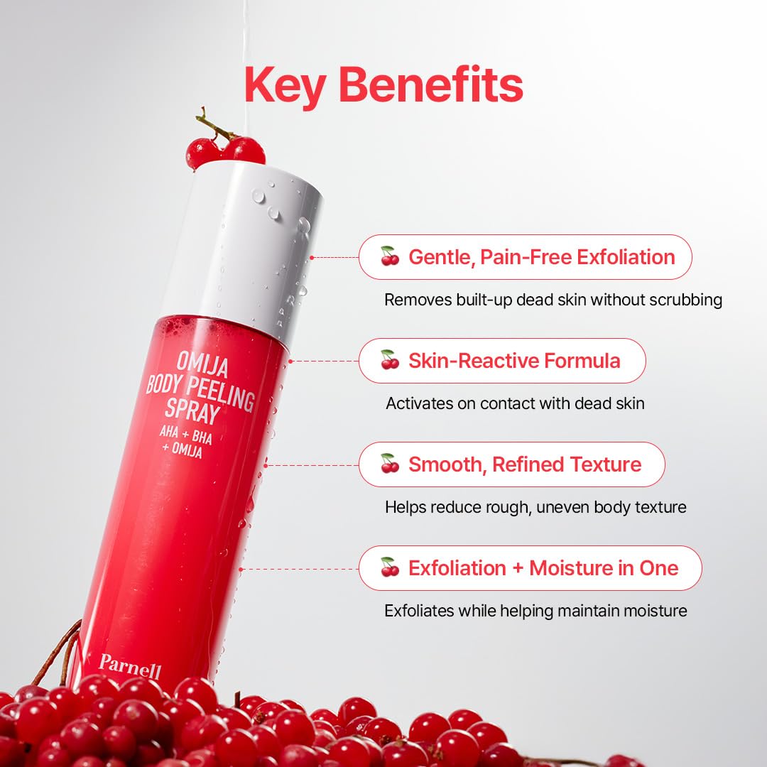 Parnell Aha Omija Ceramic Body Peeling Spray – Aha Bha Pha Body Exfoliant For Keratosis Pilaris, Strawberry Legs, Dark Spots & Dead Skin Remover – Exfoliant Body Mist For Rough Skin 4.60 Fl.Oz