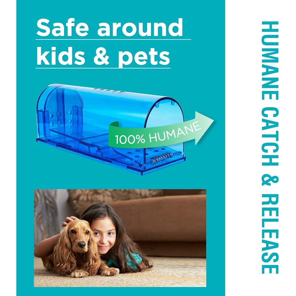 Humane Mouse Trap Reusable! [2-Pack] - Catch And Release No-Kill Rodent Traps For Indoors & Outdoors - Safe For Children & Pets - Reusable Mouse Catcher For Kitchen, Pantry & Garage Blinc (Blue)