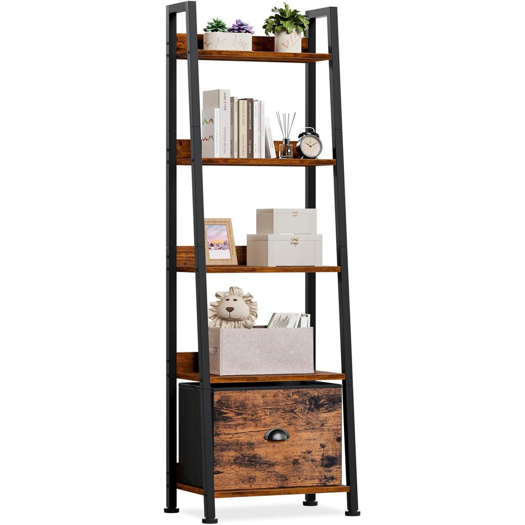 Furologee 5-Tier Ladder Shelf, Ladder Bookshelf With Removable Drawer, Rustic Bookcase Storage Rack Organizer, Wood Metal Freestanding Storage Shelf For Living Room, Home Office, Bedroom, Balcony