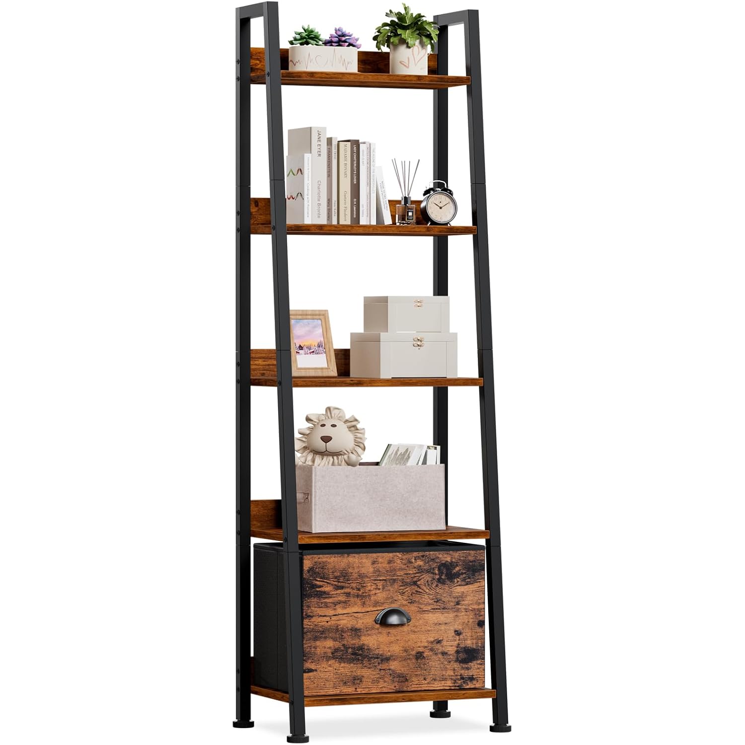 Furologee 5-Tier Ladder Shelf, Ladder Bookshelf With Removable Drawer, Rustic Bookcase Storage Rack Organizer, Wood Metal Freestanding Storage Shelf For Living Room, Home Office, Bedroom, Balcony