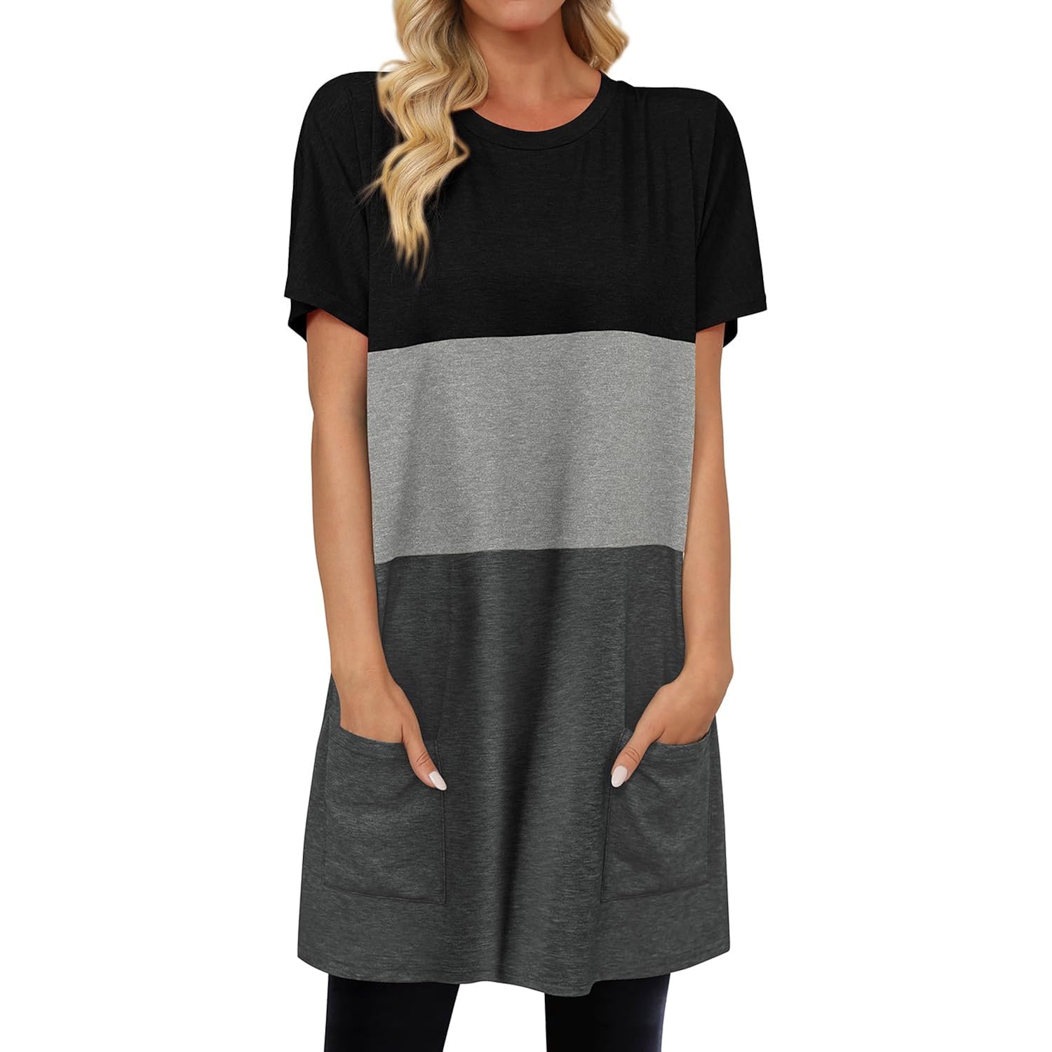 Womens Summer Tunic Tops for Leggings Casual Short Sleeve Long Shirts with Pockets