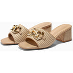 Coutgo Womens Raffia Slide Sandals Chunky Block Heeled Square Open Toe Metal Chain Slip On Mules Dressy Shoes