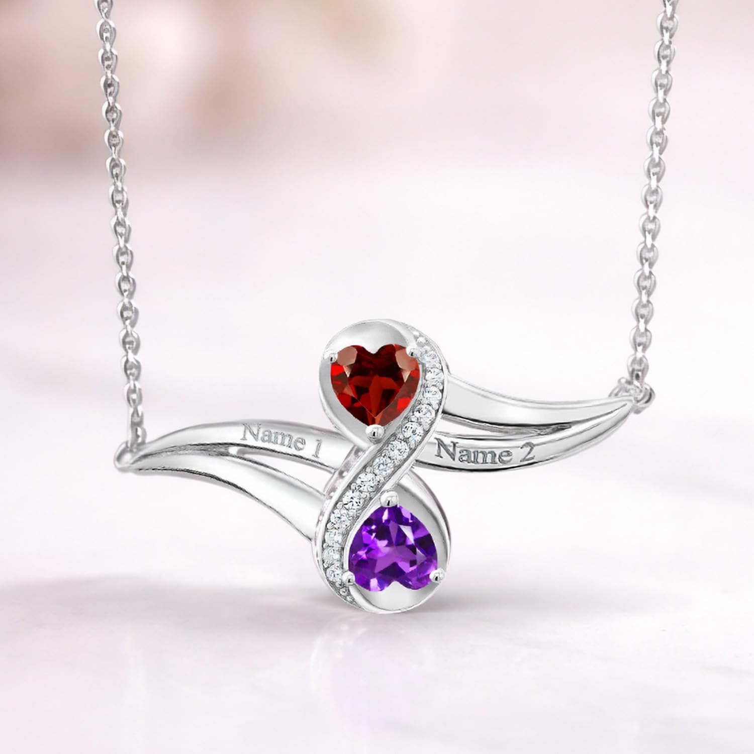 Gem Stone King 925 Sterling Silver Customized and Personalized Engraved Gemstone Birthstone 2 Heart Shape Pendant Necklace Promise Love Jewelry For Women with 18 Inch Silver Chain