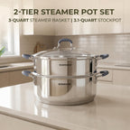 Sunhouse 3.1 Qt Stainless Steel Steamer Pot For Cooking Vegetables | Steaming Pot With Glass Lid & Steamer Basket - 2 Tier Tri-Ply Stovetop Steamer For Vegetable, Veggie - Induction Compatible