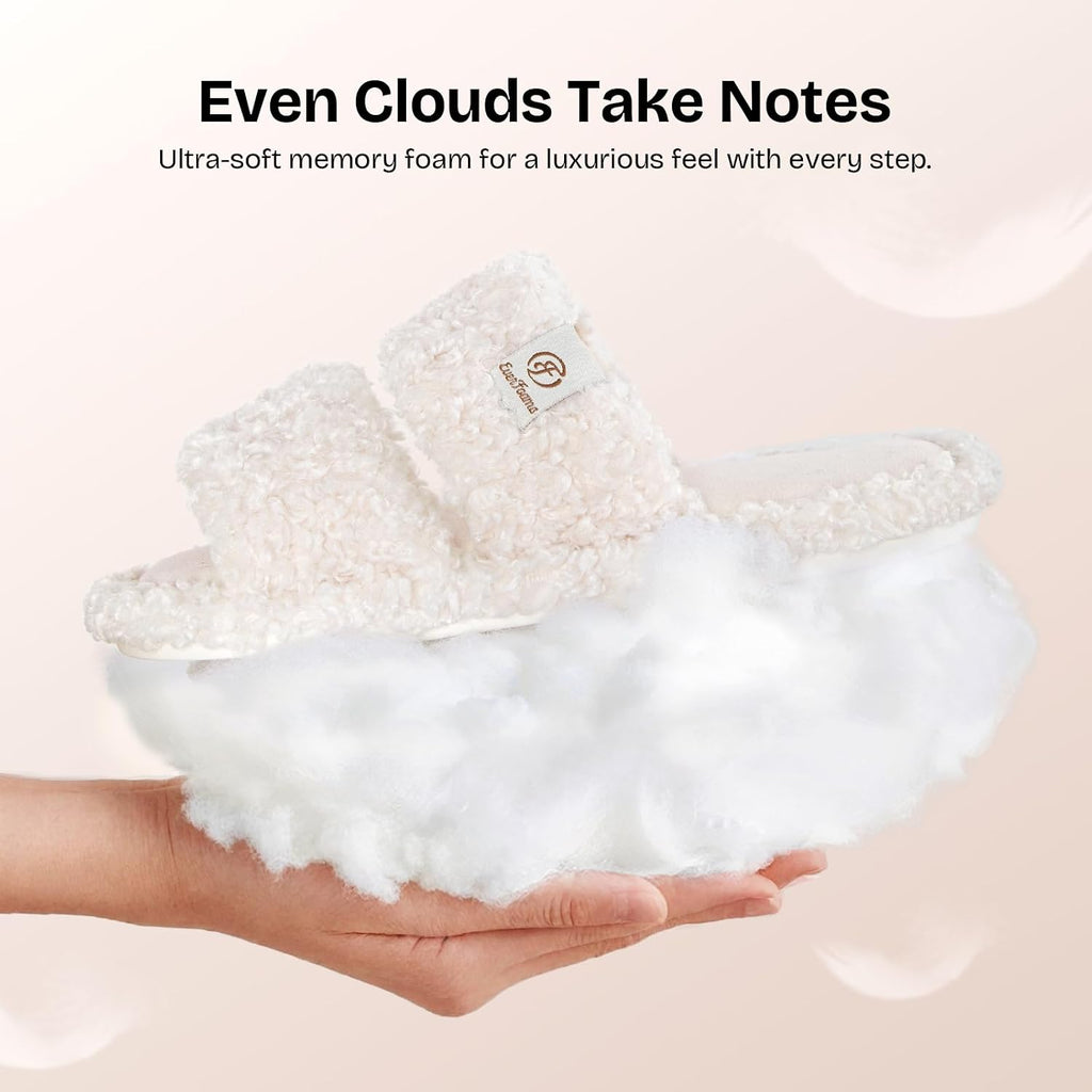 Everfoams Women'S Fuzzy Open Toe Slippers Comfy Soft Memory Foam Indoor House Shoes