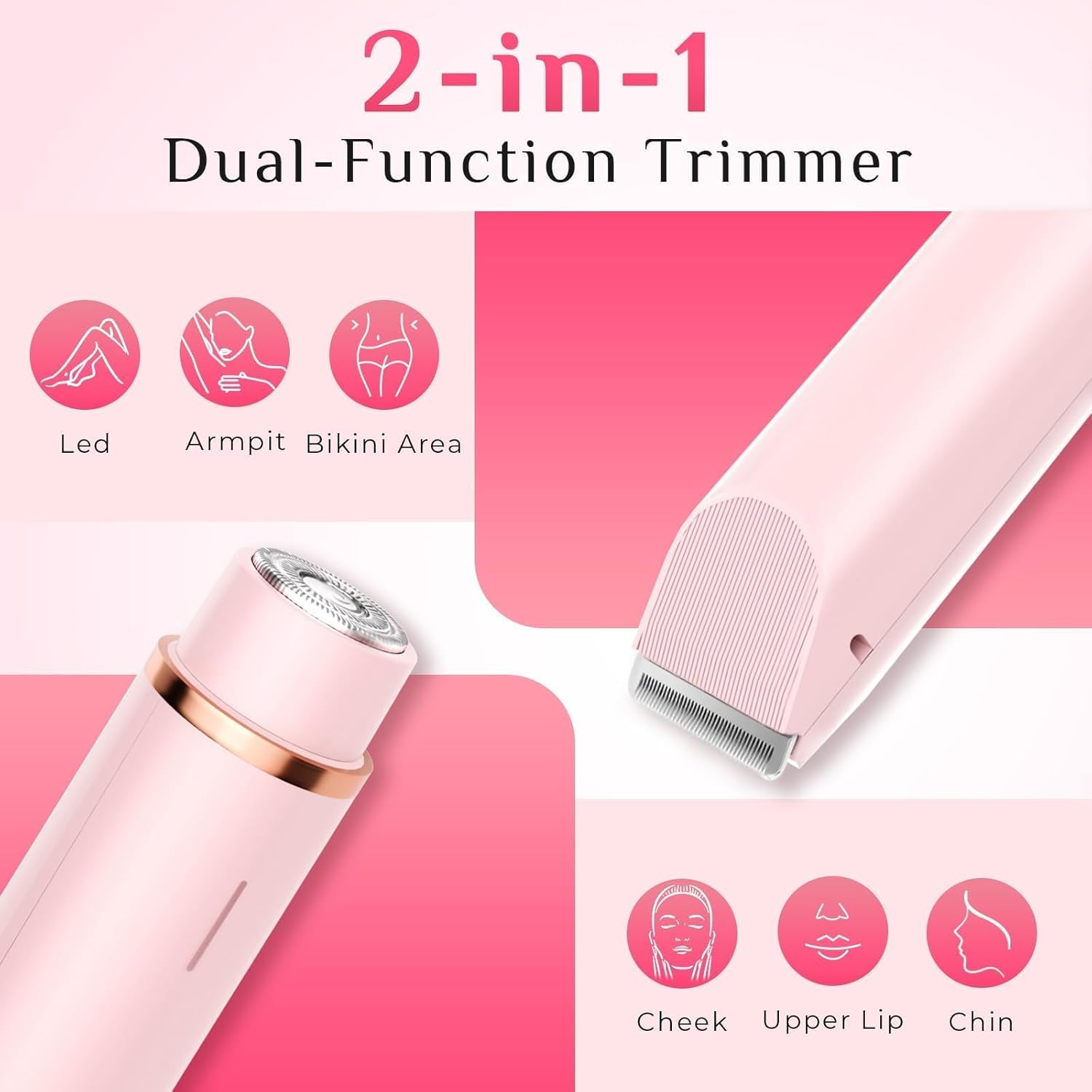 Mpotmiy New 2-in-1 Electric Bikini Trimmer for Women - Dual Head Electric Razor,Waterproof Painless Bikini Shaver, Pubic Hair Trimmer for Private Area & Body Hair,Gifts for Women,Pink