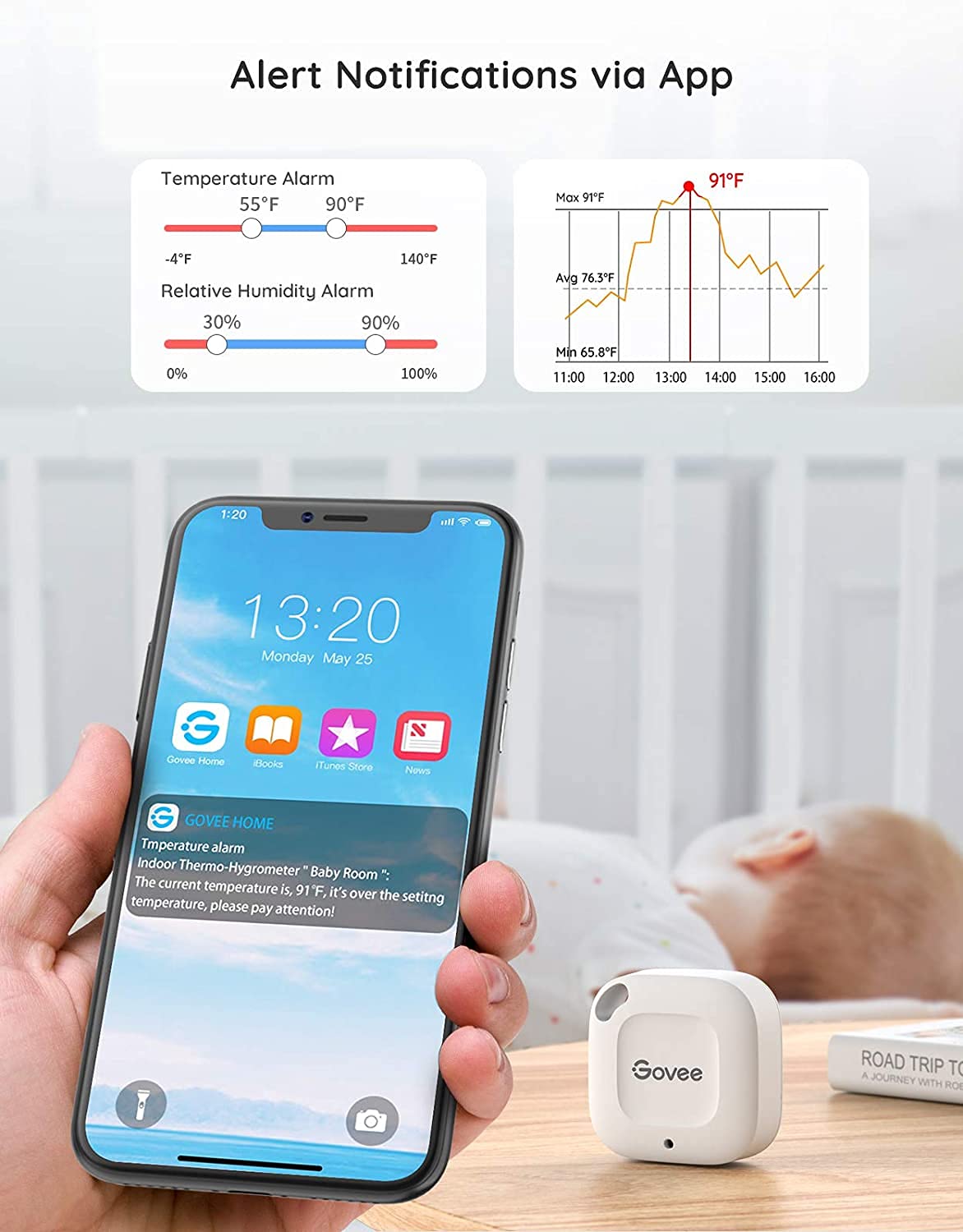 Govee Smart Bluetooth Thermometer Hygrometer H5074, Mini Humidity Sensor | Monitor Temp/Humidity With Alerts, 262Ft Range. Export 2-Yr Data, Precision Sensor, Portable. For Greenhouse & Incubators