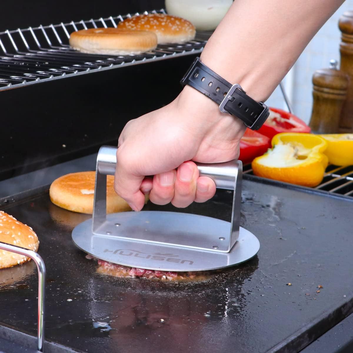 Hulisen Stainless Steel Burger Press, 6.2 Inch Round Burger Smasher, Professional Griddle Accessories Kit, Grill Press Perfect For Flat Top Griddle Grill Cooking