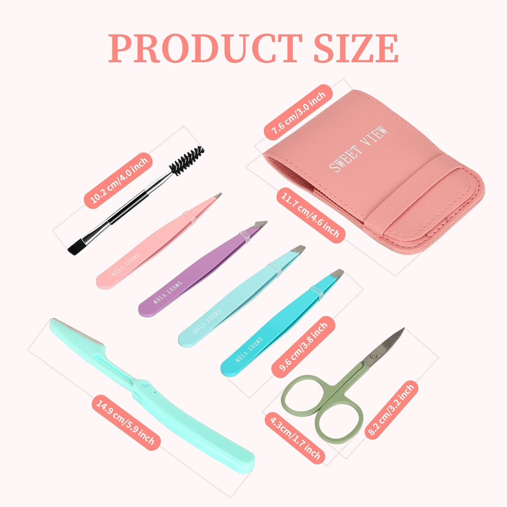 SWEET VIEW 7pcs Eyebrow Tweezers Kit for Women Precision Plucker with Brow Scissors & Razor & Spoolie for Facial, Chin, Brow, Splinter and Ingrown Hair