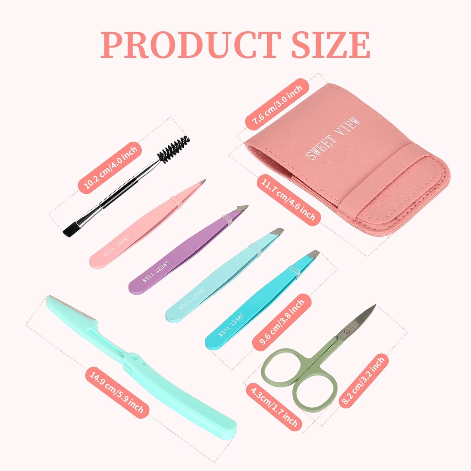SWEET VIEW 7pcs Eyebrow Tweezers Kit for Women Precision Plucker with Brow Scissors & Razor & Spoolie for Facial, Chin, Brow, Splinter and Ingrown Hair