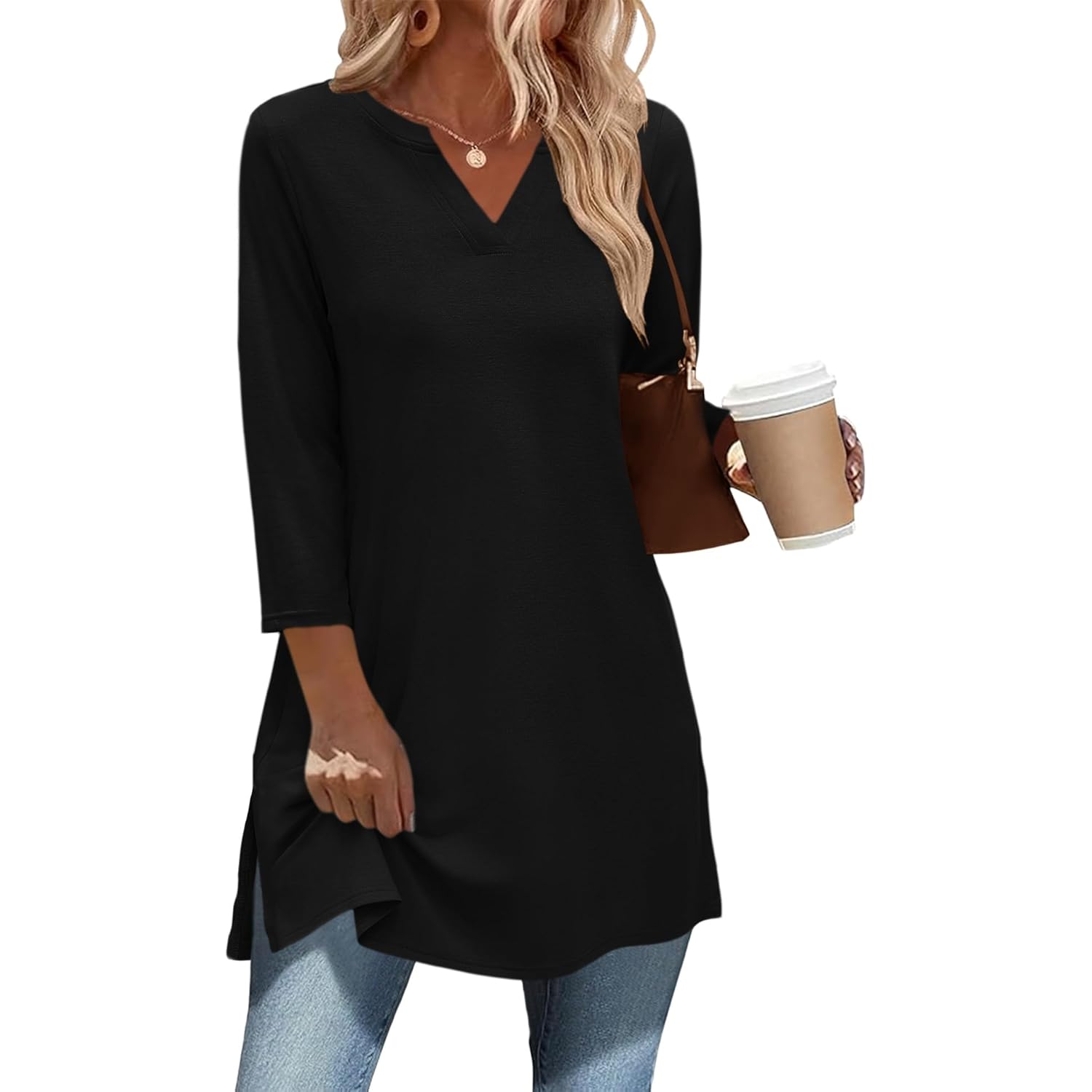 3/4 Length Sleeve Womens Tops Dressy Casual Plus Size V Neck Tunics to Wear with Leggings Side Slit Shirt