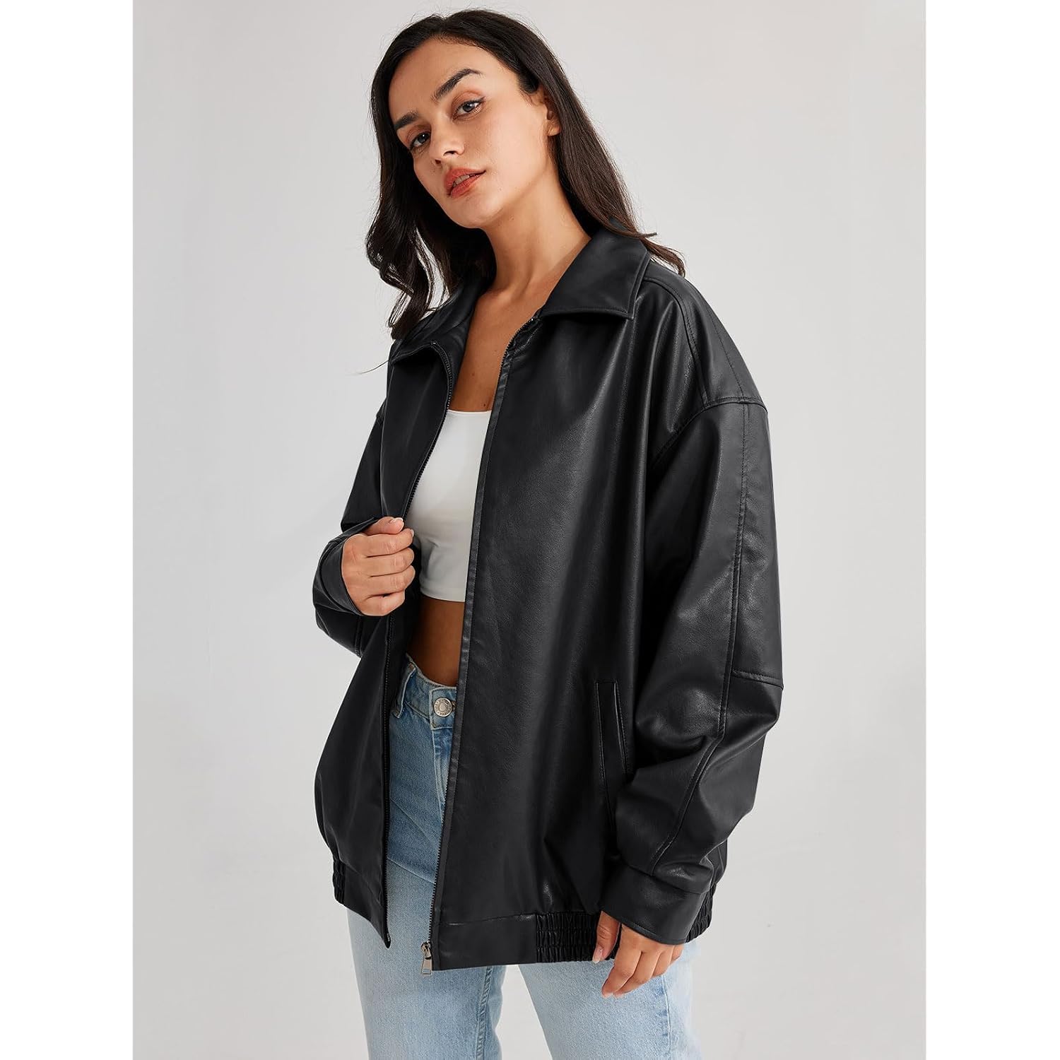 Hathne Women'S Oversized Leather Jackets Faux Zip Up Fall Fashion Motorcycle Jackets Coats Winter Clothes