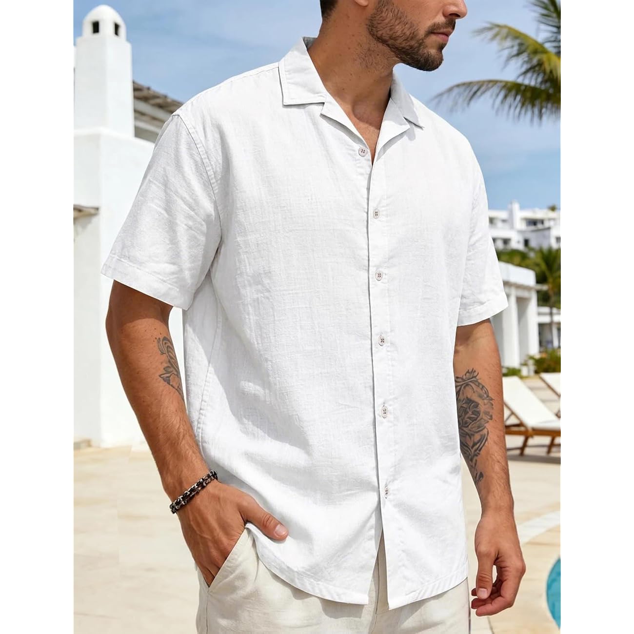 Mens Cotton Linen Shirt Casual Lightweight Button Down Shirt Short Sleeve Summer Beach Vacation Tops