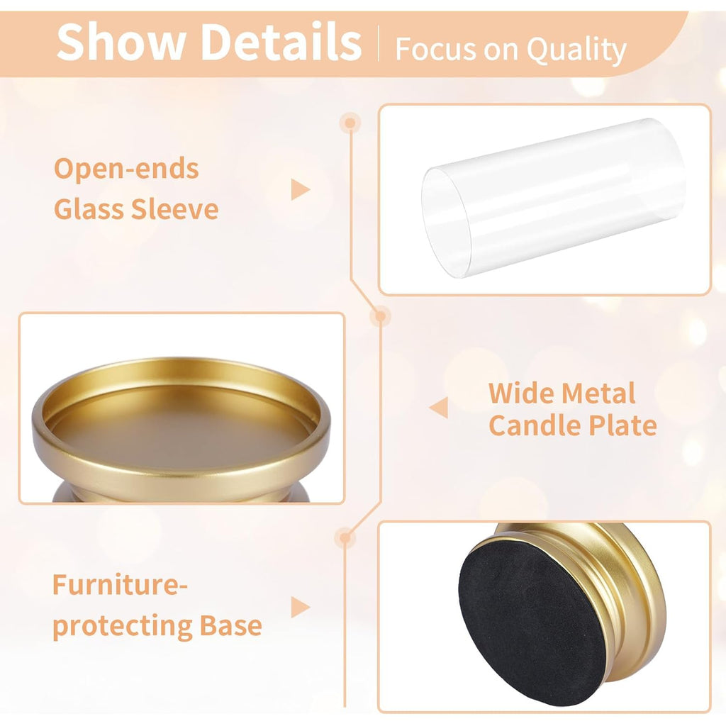 NUPTIO Hurricane Candle Holder Gold: Pillar Candle Holders with Clear Glass Sleeve - Set of 2 Decorative Brass Metal Pillars Stand for Dining Table Centerpiece Shelf Fireplace Mantel Decor