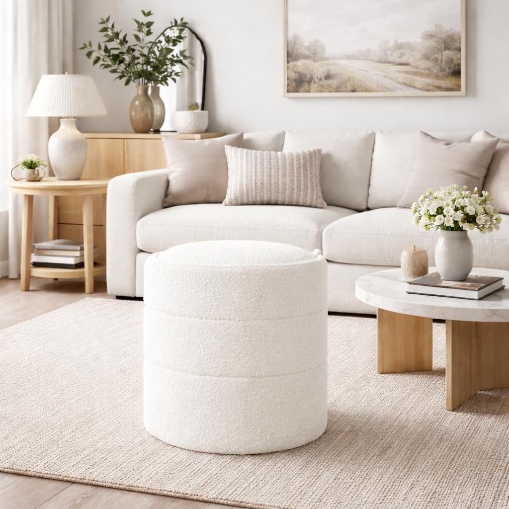 Homepop 18" Storage Round Ottoman - Cream Boucle