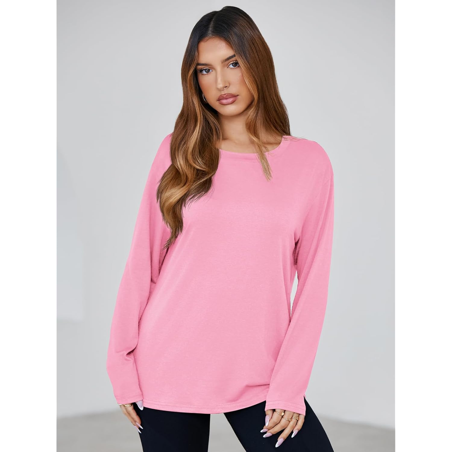 Tankaneo Womens Long Sleeve Oversized T Shirts Basic Crewneck Workout Tee Tops 2026 Fall Loose Fit Casual Y2K Clothes