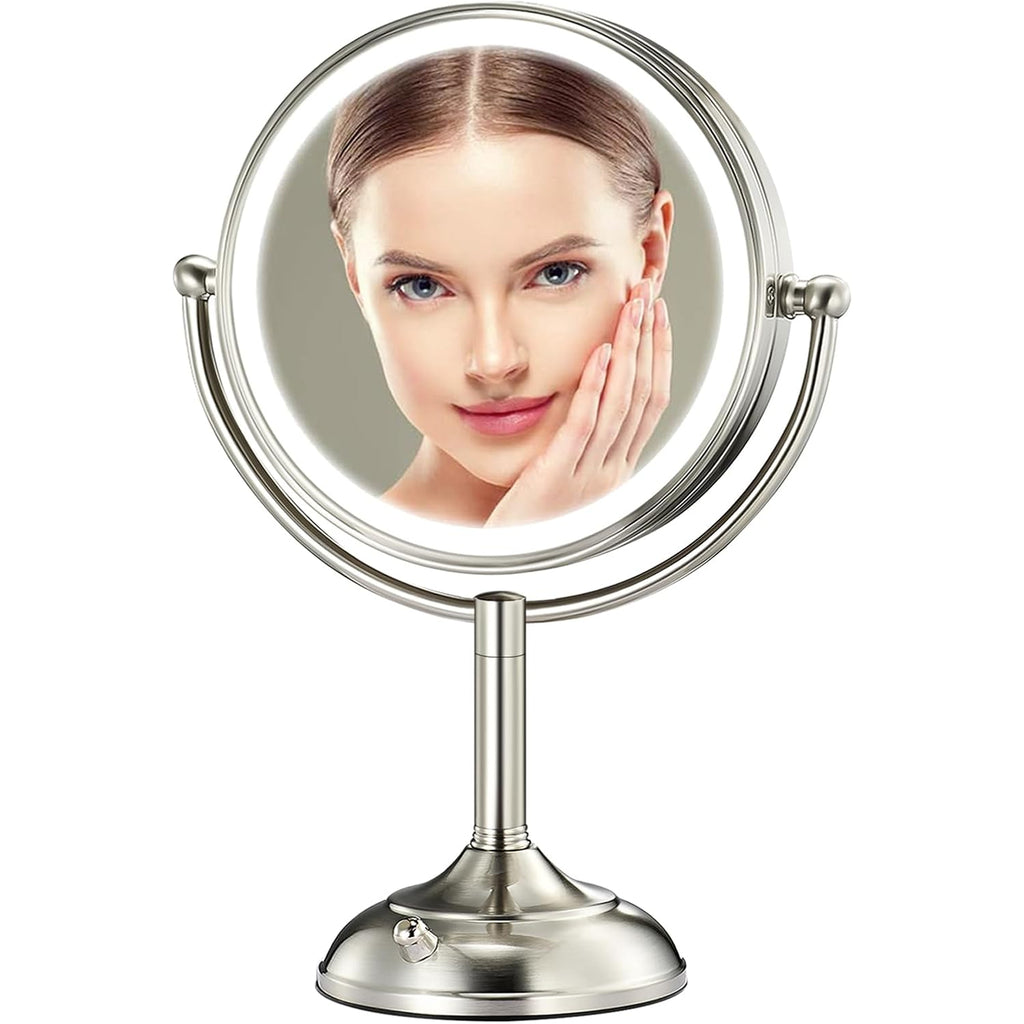 Professional 8.5" Large Lighted Makeup Mirror with Brighter Lights, 1X/10X True HD Magnifying Mirror with 3 Color Dimmable Lights, 90 Shadowless LEDs, 360°Swivel Seamless Vanity Mirror, Pearl Nickel