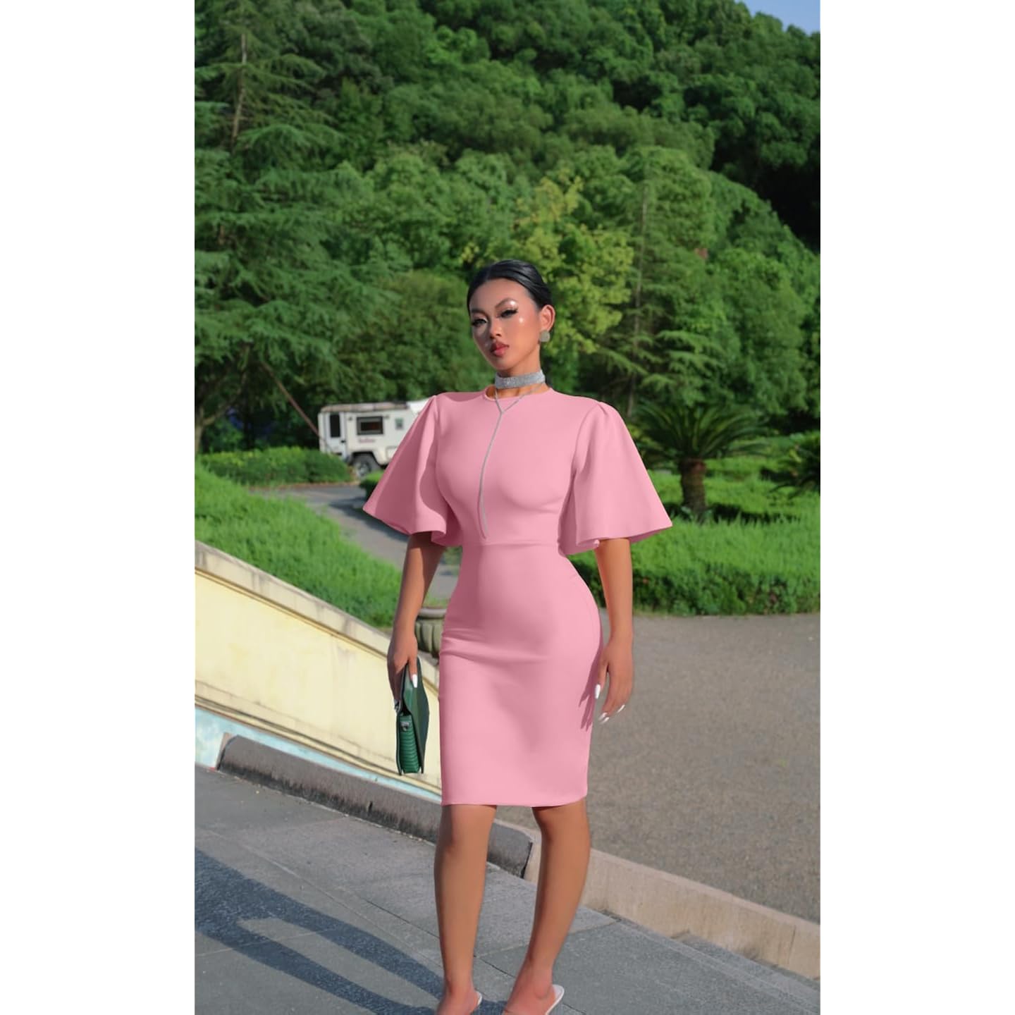 Women's Basic Bodycon Ruffle Flared Short Sleeve Pencil Midi Dress