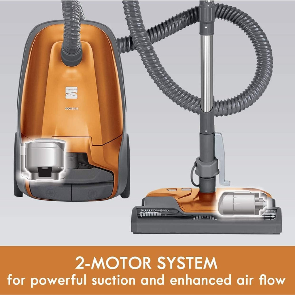 Kenmore 81214 200 Series Pet Friendly Lightweight Bagged Canister Vacuum With Hepa, 2 Motor System, And 3 Cleaning Tools-Orange