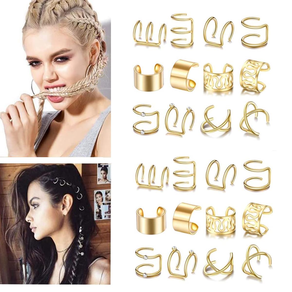 24 Pcs Gold Silver Hair Braids Dreadlock Non-Piercing Ear Clip Beard Beads Cuffs Clip Hair Accessories Styling Fashion Jewelry Gift Toos For Women Men
