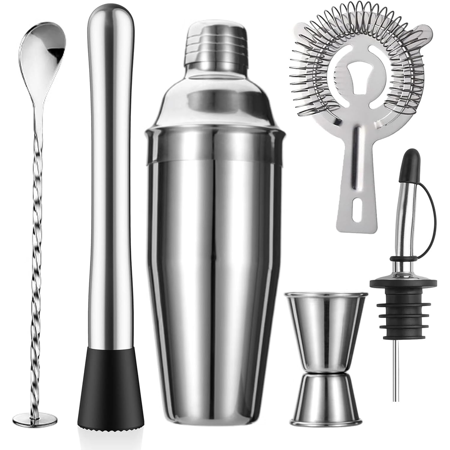Zpufaw 6-Piece Cocktail Shaker Set 24Oz Shaker Strainer Muddler Jigger Mixing Spoon Pour Spout Bartender Kit Stainless Steel Bar Set Housewarming Gift