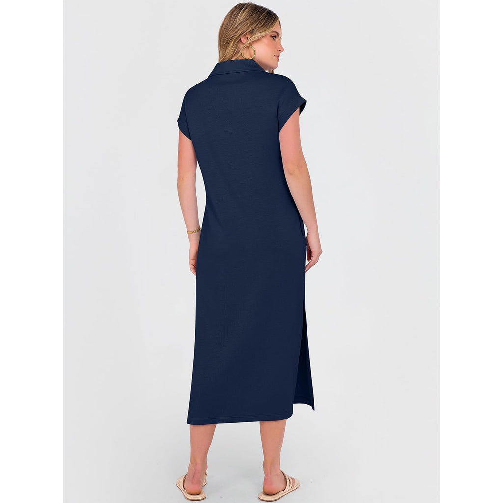 Anrabess Womens Summer Casual Polo V Neck Dresses | Short Sleeve Split Tshirt Maxi Dress With Pockets, Soft Wrinkle-Free Loose Fit, Beach Vacation Travel Outfit, Summer Clothes