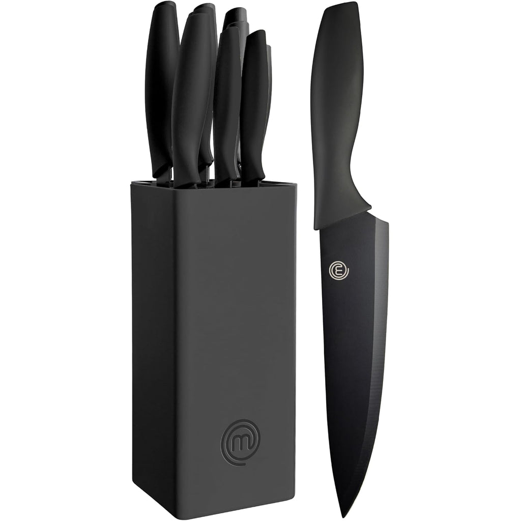 Masterchef Knife Set With Block, 6 Kitchen Knives And A Universal Knife Holder, Extra Sharp Stainless Steel Blades For Precise Cutting With Non Stick Coating & Soft Touch Easy Grip Handles, Black