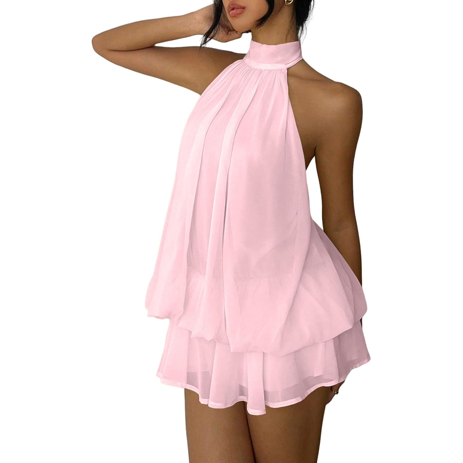 Women'S Chiffon Halter Drop Waist Mini Dress Wedding Guest Dresses Ruffle Formal Club Holiday Brunch Outfits