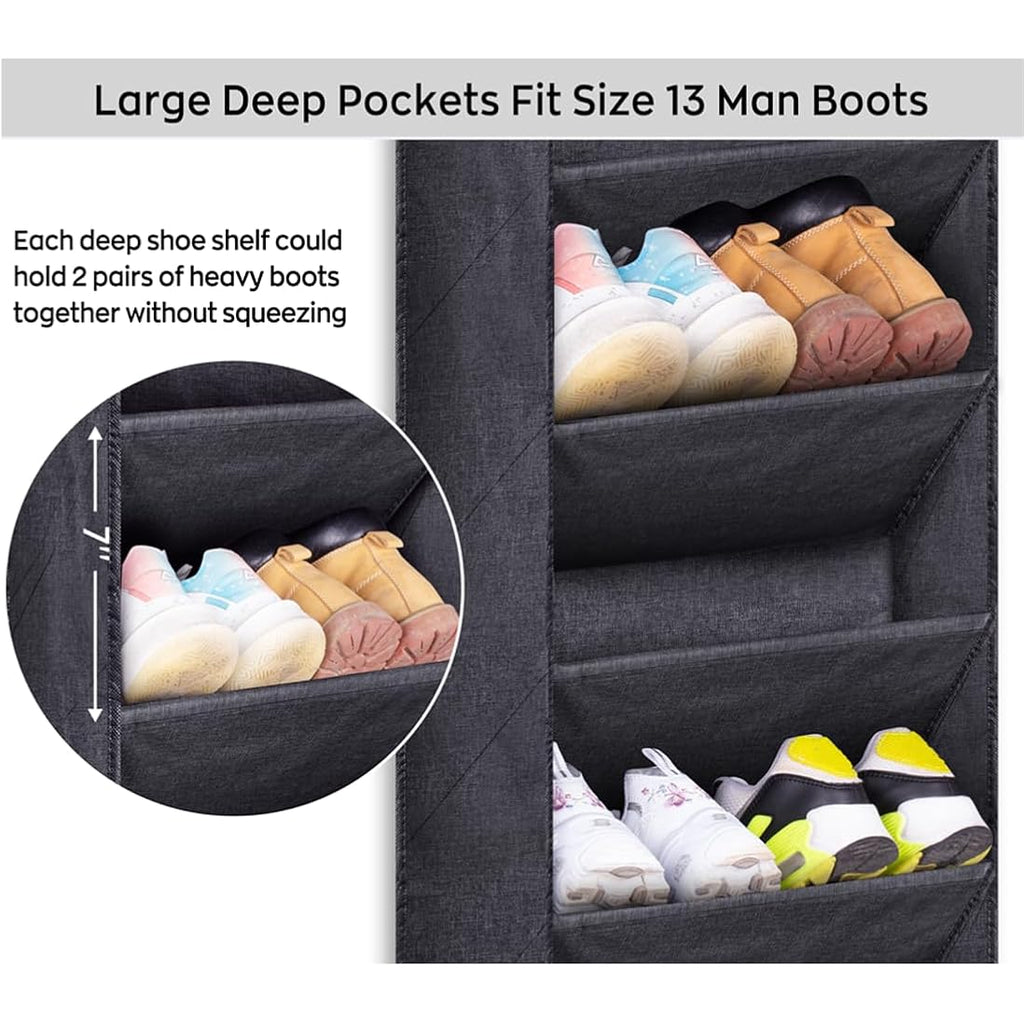 Sleeping Lamb Over The Door Shoe Organizer For Closet With Large Deep Pockets, Narrow Shoe Rack For Door Hanging Boots Storage, Black