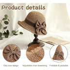 Womens Straw Hat Foldable Wide Brim Floppy Beach Sun Hats, Bucket Cap With Bowknot For Girls