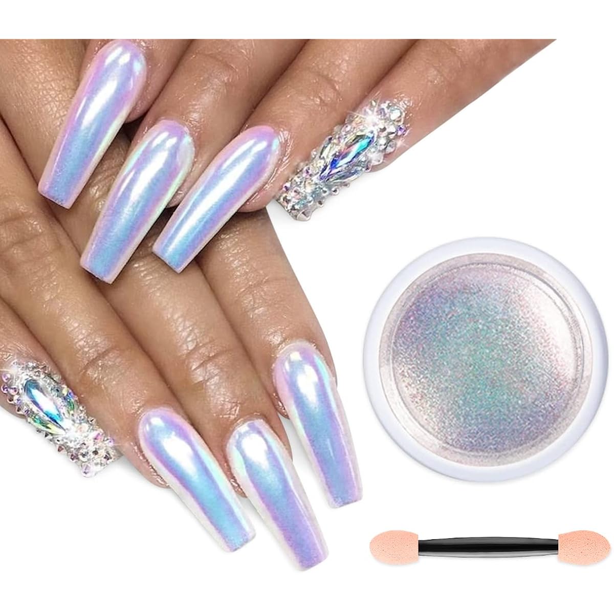 1 Jar Unicorn Chrome Nail Powder Pearl Iridescent Metallic Mirror Effect White Mermaid Nail Glitter Aurora Pigment Dust for Manicure Art Design Decoration with Tool