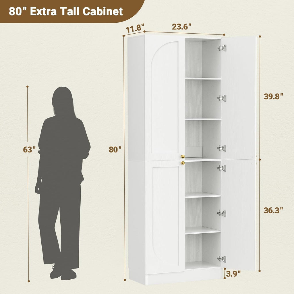 Cyclysio 80" Kitchen Pantry, Extra Tall Arch Storage Cabinet With 4 Soft Close Doors And Adjustable Shelves, Freestanding Wood Cupboard With Seamless Fit Wall For Dining Living Room Bathroom Furniture