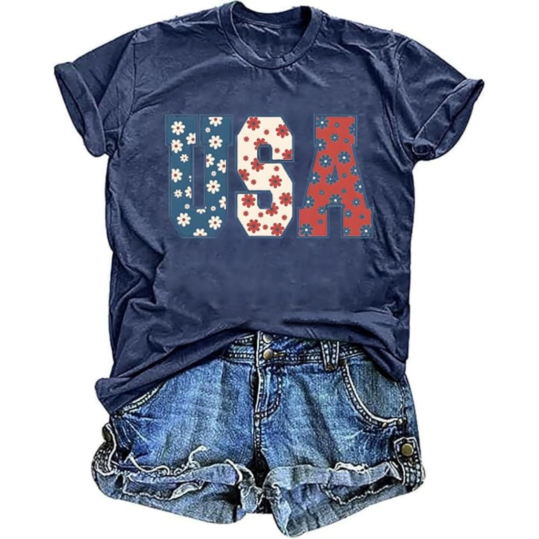 TIXOM Women's USA Floral Flowers Shirt 4th of July American Flag Graphic Tee Independence Day Summer Patriotic Tops