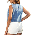 Women'S Cropped Denim Vest Top Casual V Neck Button Down Sleeveless Jean Jacket Waistcoat